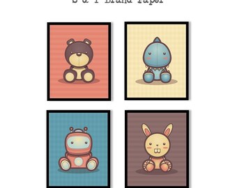 May include: Four colorful illustrations of cartoon characters in frames. The top left frame features a brown bear with a red background. The top right frame features a blue dinosaur with a yellow background. The bottom left frame features a red robot with a blue background. The bottom right frame features a yellow bunny with a brown background.