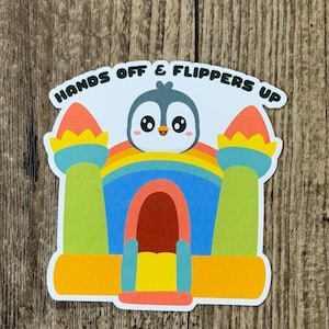 Sticker maison gonflable, Sticker pingouin, Sticker tarif, Sticker fabriqué au Canada, Sticker Canada, Sticker palmes vers le haut, Coudes vers le haut
