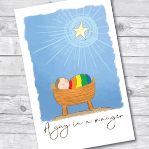 Une carte gay dans une crèche, carte queer, carte LGBTQ, cartes de vœux gay, bébé Jésus gay, carte drôle pour lui, carte drôle pour elle, carte numérique