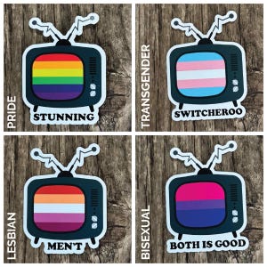 May include: Set of four stickers featuring retro television designs. Each TV screen displays a different LGBTQ+ pride flag: rainbow, transgender, lesbian, and bisexual. Text includes "Pride", "Stunning", "Transgender", "Switcheroo", "Lesbian", "Men't", "Bisexual", and "Both is Good".