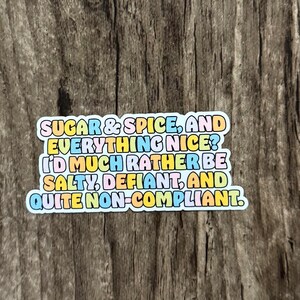May include: A rectangular sticker with a white border featuring the text: SUGAR & SPICE, AND EVERYTHING NICE? I'D MUCH RATHER BE SALTY, DEFIANT, AND QUITE NON-COMPLIANT. The letters are coloured in alternating pastel shades of pink, blue, and yellow.