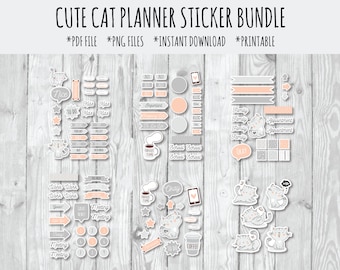 Downloadable Planner Stickers, Printable Sticker Bundle, Planner Bundle, Cute Cat Stickers, Cute Planner Stickers, Cute Journal Stickers
