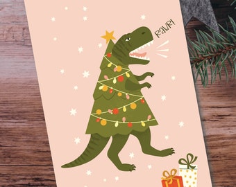 Rawr, Dino Christmas Card,  Dino Holiday Card, Trex Christmas, trendy christmas card, Digital Download, Paper Card