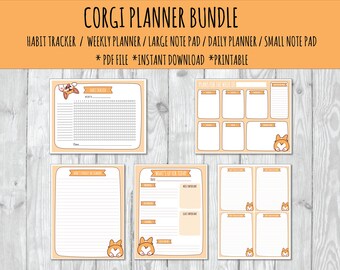 Downloadable Planner, Printable Planner Bundle, Planner Bundle, Habit Tracker, Lg Note Pad, Sm Note Pad, Corgi, Downloadable Planner