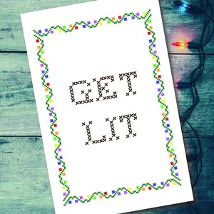 Get Lit, point de croix, carte de voeux, téléchargement numérique, carte papier, carte drôle, carte de Noël, carte de vacances, carte de point de croix