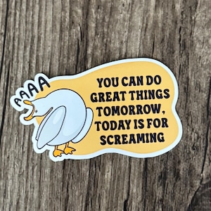 May include: A yellow sticker with a cartoon duck screaming "AAAA" and the text "You can do great things tomorrow, today is for screaming".