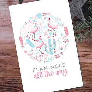Noël flamant rose, voeux de fin d'année, carte de voeux, téléchargement numérique, carte en papier, jolie carte, carte drôle, carte de Noël, jeu de mots flamant rose