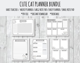 Downloadable Planner, Printable Planner Bundle, Planner Bundle, Habit Tracker, Lg Note Pad, Sm Note Pad, Cute Cat, Downloadable Planner