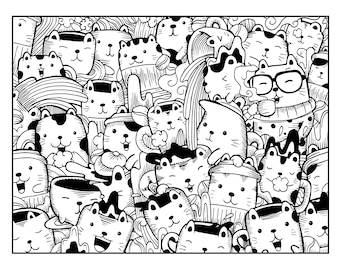 May include: Black and white line drawing of a group of cats in various poses, some wearing glasses, hats, and scarves. The cats are surrounded by swirls and other doodle-like designs.