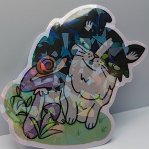 Tuxedo Katze mit Schnecke Aufkleber - Holographischer Vinyl Aufkleber