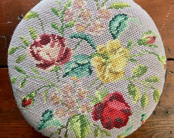 Antique Berlin Wool Work Footstool – Floral Tapestry Pouf, Victorian Decor