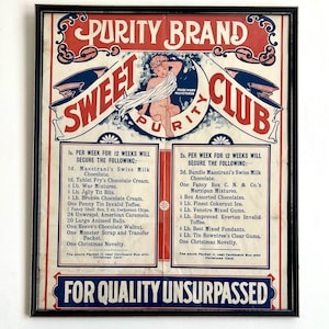 Original Wall Art - A Super Antique Poster in Frame - Purity Brand Sweet Club - Collector&#39;s Item/ Vintage Home Decor/ Retro Kitchen