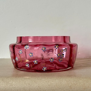 Antique Victorian Blown Glass Red Cranberry Bowl with Hand Painted Enamelled Flowers & Gold Accent Detail