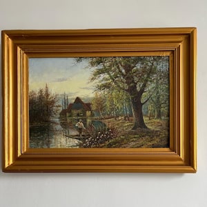 Antique Oil Painting in Gilt Frame - c.1920&#39;s Original Wall Art - Romantic Pastoral River Scene - Lovely Gift/ Home Decor/ Rustic Style