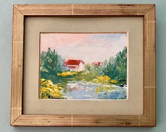 Cuadro al óleo de estilo rústico: escena campestre junto a un lago, enmarcado para pared.