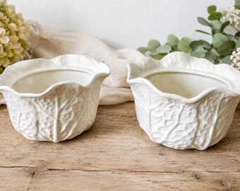 Vintage Secla Portugal White Cabbage Leaf Bowls Pair  | Majolica Lettuceware Serving Bowls | Cottagecore Kitchen Decor