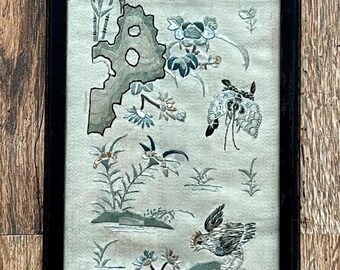 Antiek Chinees zijden borduurpaneel – vogels en bloemen, ingelijst decor