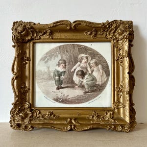 Antique Georgian Circa 1787 Hand Coloured Engraving in Gilt Frame - Children Playing Marbles/ Beautiful Gift/Georgian Style/Collector&#39;s Item