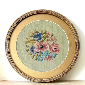 Beautiful! Original Antique 1920&#39;s Needlepoint Petit Point Woolwork Embroidery - Floral Bouquet -Lovely Gift/ Country Style/ Cottagecore