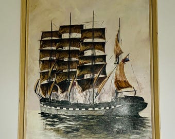 額入り20世紀の油絵 - 錨泊する帆船 オリジナルヴィンテージ