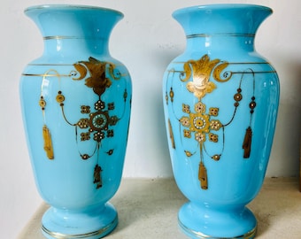 Pair of Antique Blue Opaline Milk Glass Vases - Hand Painted Gilt & Jewel Enamel - Bohemian Victorian Mantel Vases