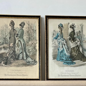 Antique Victorian Hand Coloured Engravings x 2 circa 1870's -'The Englishwoman's Domestic Magazine' - depicting mid Victorian Fashion Dress