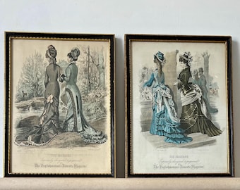 Victorian Fashion Engravings – Antique 1870s Framed Prints (Set of 2)