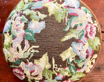 Vintage Berlin Wool Work Tapestry Footstool – Floral Pouf, Country Decor