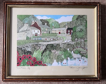 Original Wall Art British Artist Coloured Linocut Bottoms Up! Ducks in Pond Country English Village  - Country Cottage Style