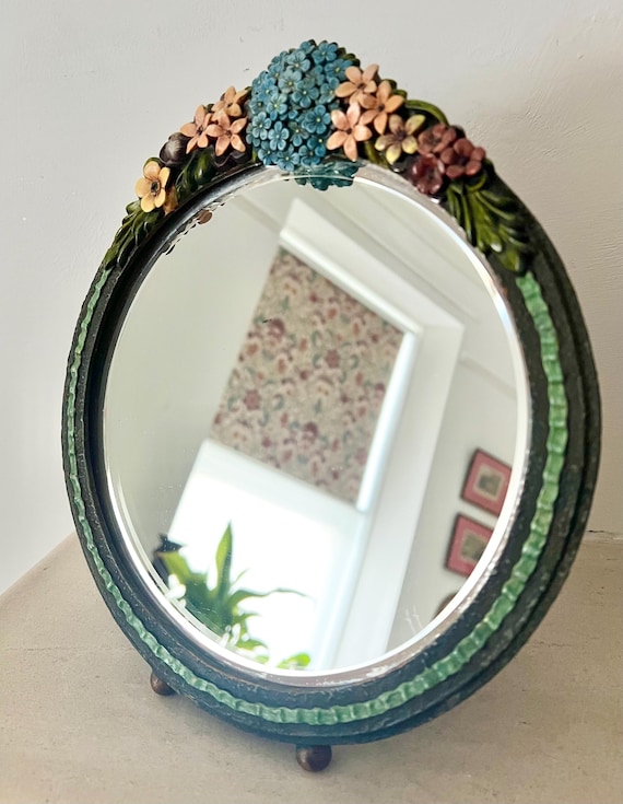 アンティーク　バーボラーミラー　1930年頃 Vintage 1930's Barbola Mirror With Hand Painted Flowers Bevelled