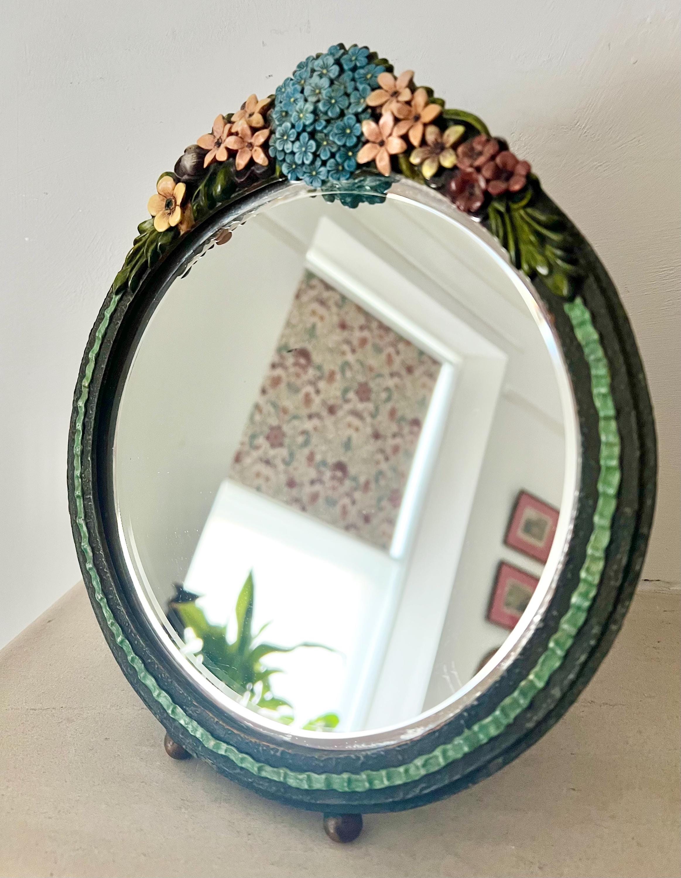 アンティーク　バーボラーミラー　1930年頃 Vintage 1930's Barbola Mirror With Hand Painted Flowers Bevelled