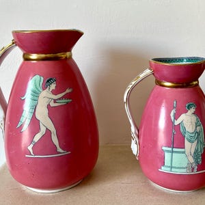 Antique Mid 19th Century Pottery Neoclassical Greek Revival Pitchers/ Jugs Pair - Collector&#39;s Items/ Classical Home Decor