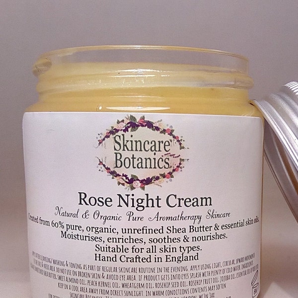 Crème de nuit à la rose | Produits botaniques naturels purs | Beurre de karité biologique | Huiles essentielles pour la peau | Nourrit et apaise la peau sèche | à l'huile de rose pure