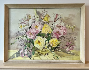 Floral Watercolor Painting | Vintage Framed Botanical Art Bouquet