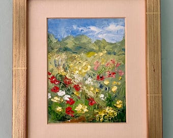 Cuadro al óleo floral vintage – Paisaje de pradera de flores silvestres, marco dorado.