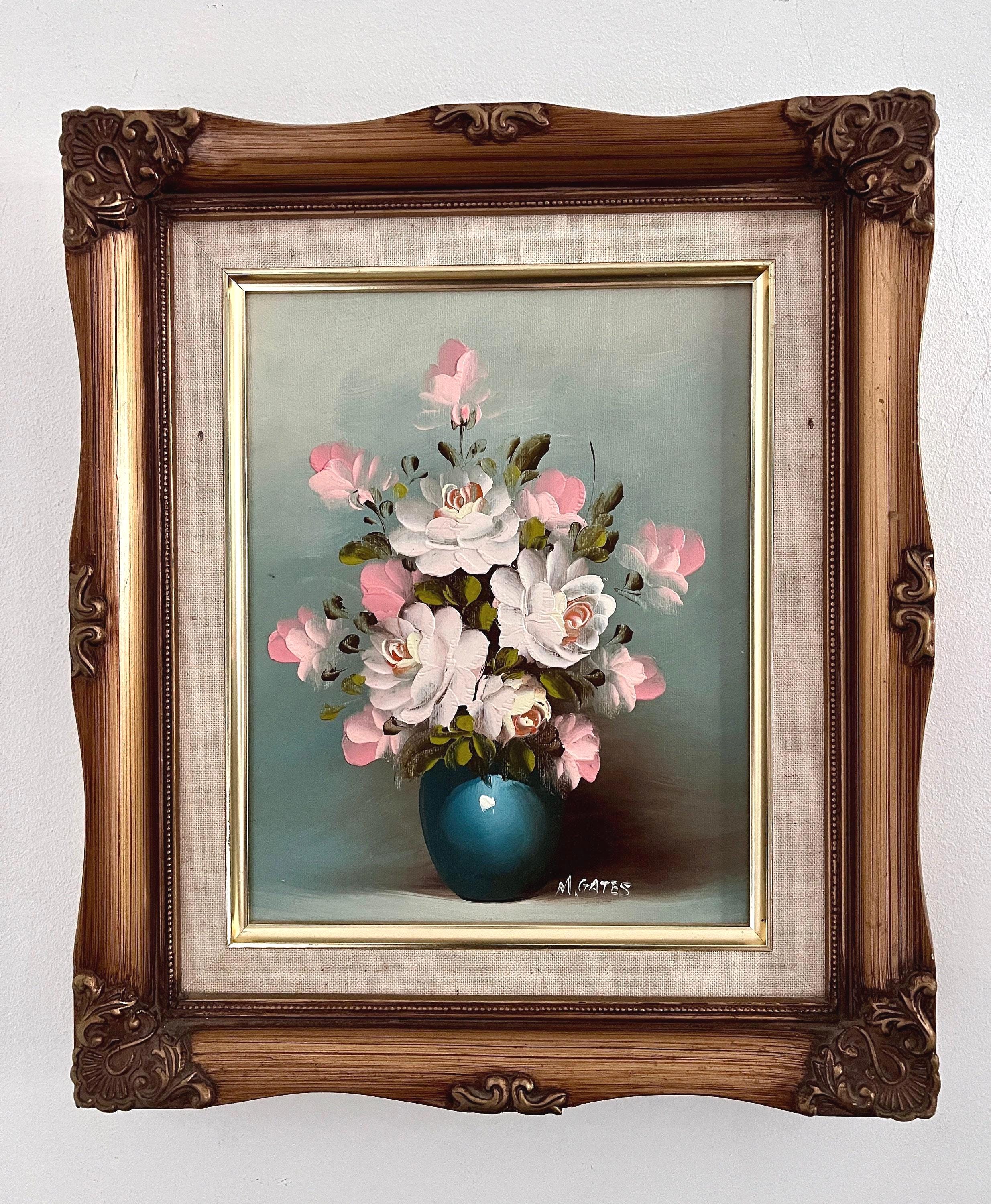 Vintage Floral Oil Painting – Pink & White Roses in Gilt Frame - Etsy