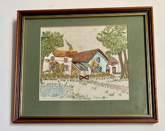 Cuadro vintage bordado a mano enmarcado • Paisaje estilo cottagecore