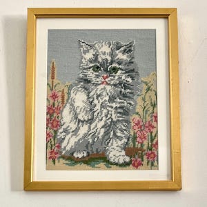 Vintage Original Embroidery Art Needlepoint Woolwork - Cute Kitty Cat  - Lovely Gift/ Cat Lovers/ Kitsch Decor/ Cottagecore