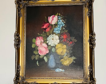 ¡Precioso! Pintura al óleo vintage original de gran tamaño con marco dorado. ¡Un regalo encantador, obra de arte para paredes, decoración rústica o estilo cottagecore!