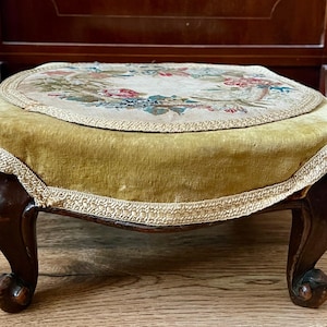 Antique Victorian Footstool with Petit Point Floral Tapestry • Cabriole Legs • Gold Velour • 19th Century Needlepoint Stool