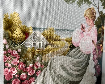 Framed Vintage Cross Stitch Embroidery • Nantucket Rose Needlework