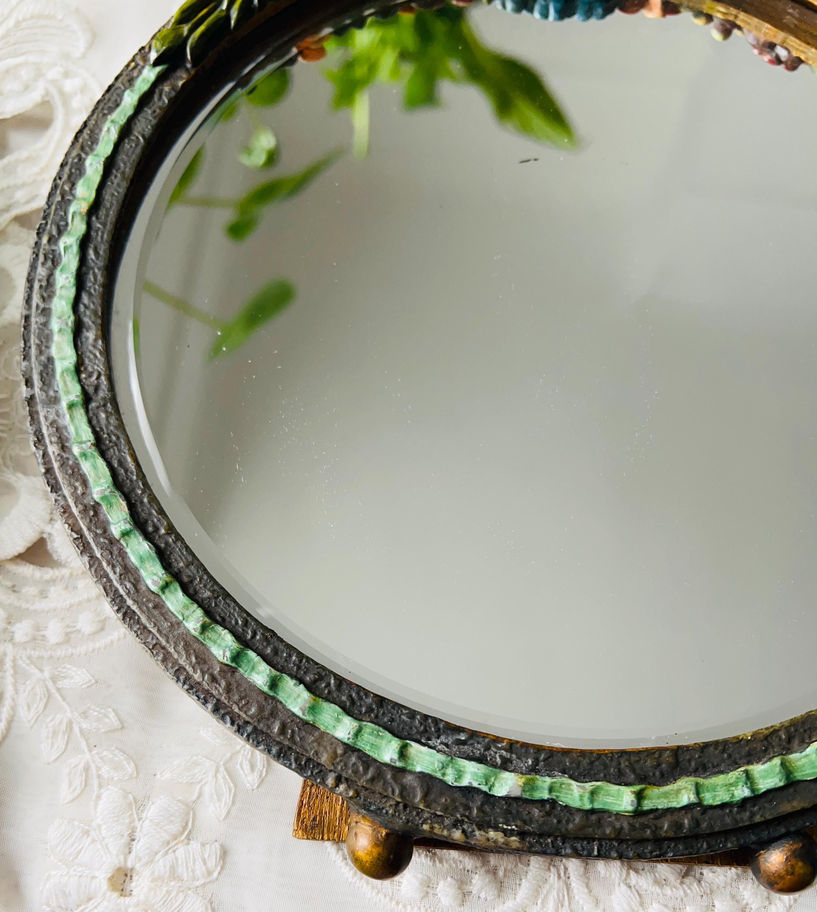 Vintage 1930's Barbola Mirror With Hand Painted Flowers Bevelled