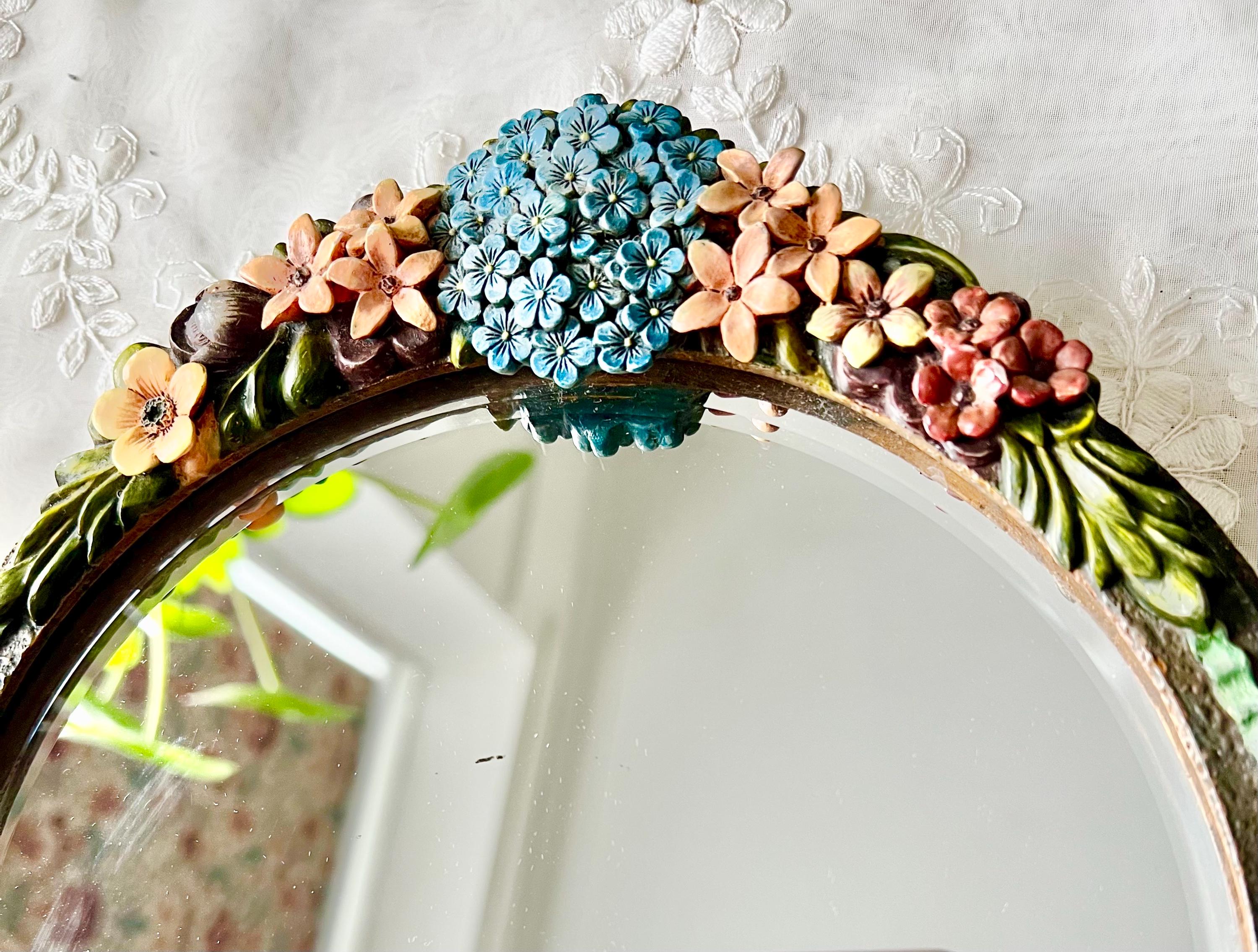 Vintage 1930's Barbola Mirror With Hand Painted Flowers Bevelled