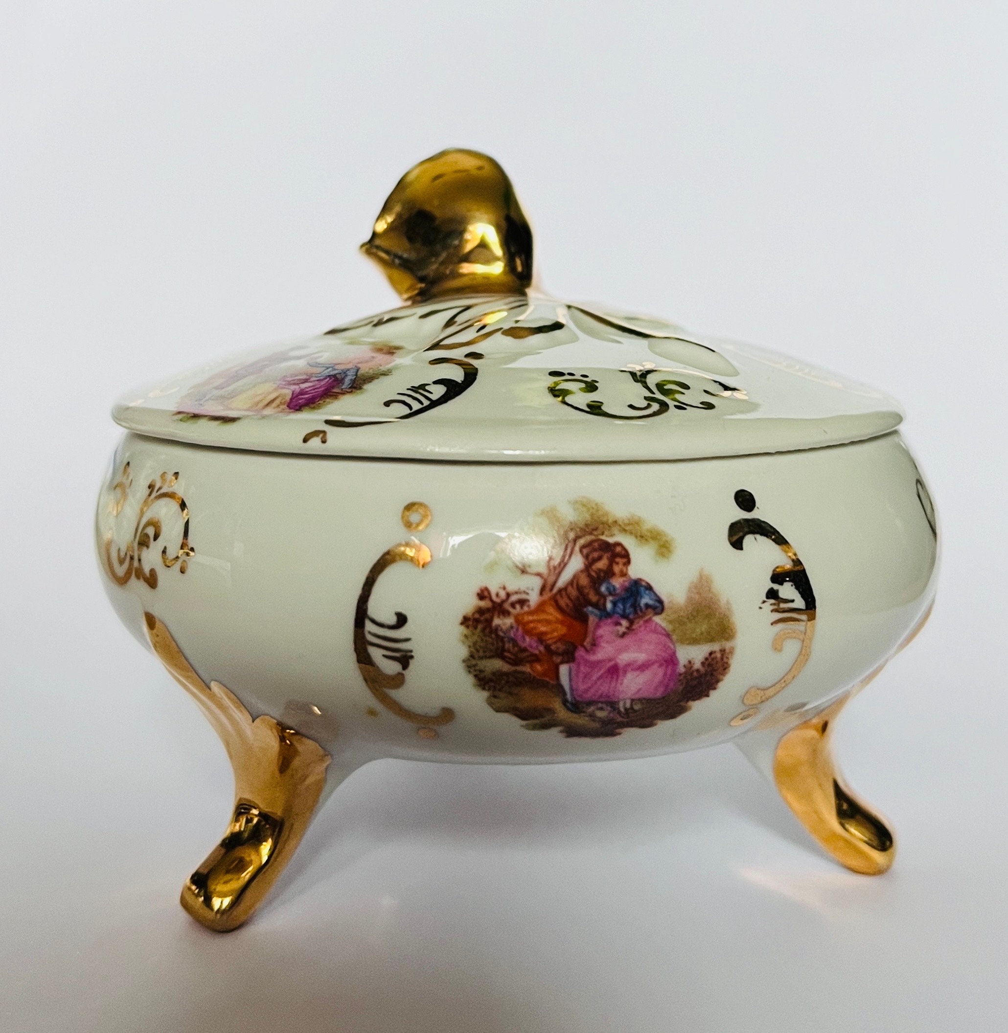 Rare Meissner Limoges Porcelain Fragonard Trinket Box With Gold