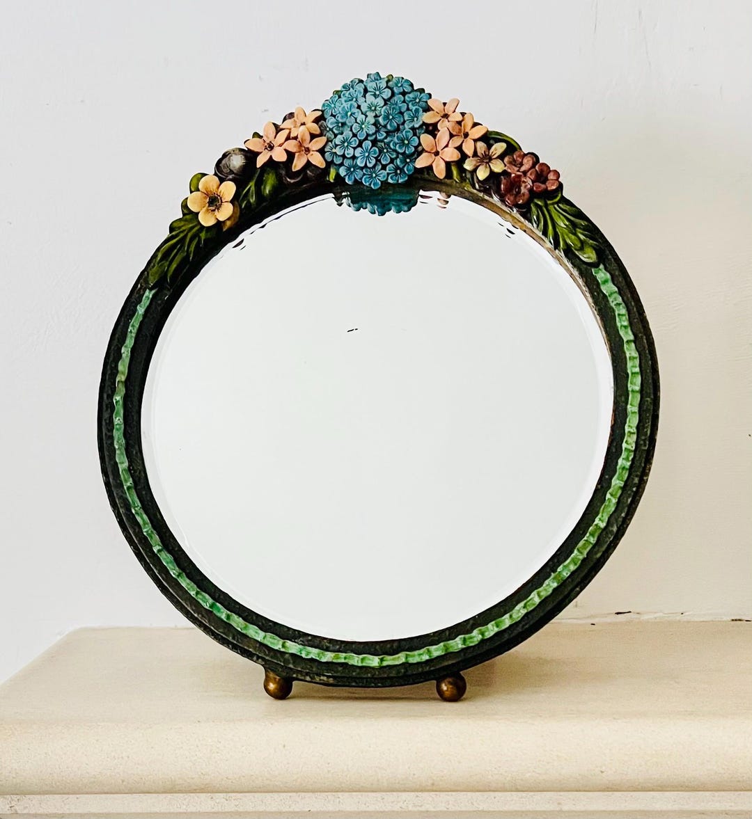 アンティーク　バーボラーミラー　1930年頃 Vintage 1930's Barbola Mirror With Hand Painted Flowers Bevelled