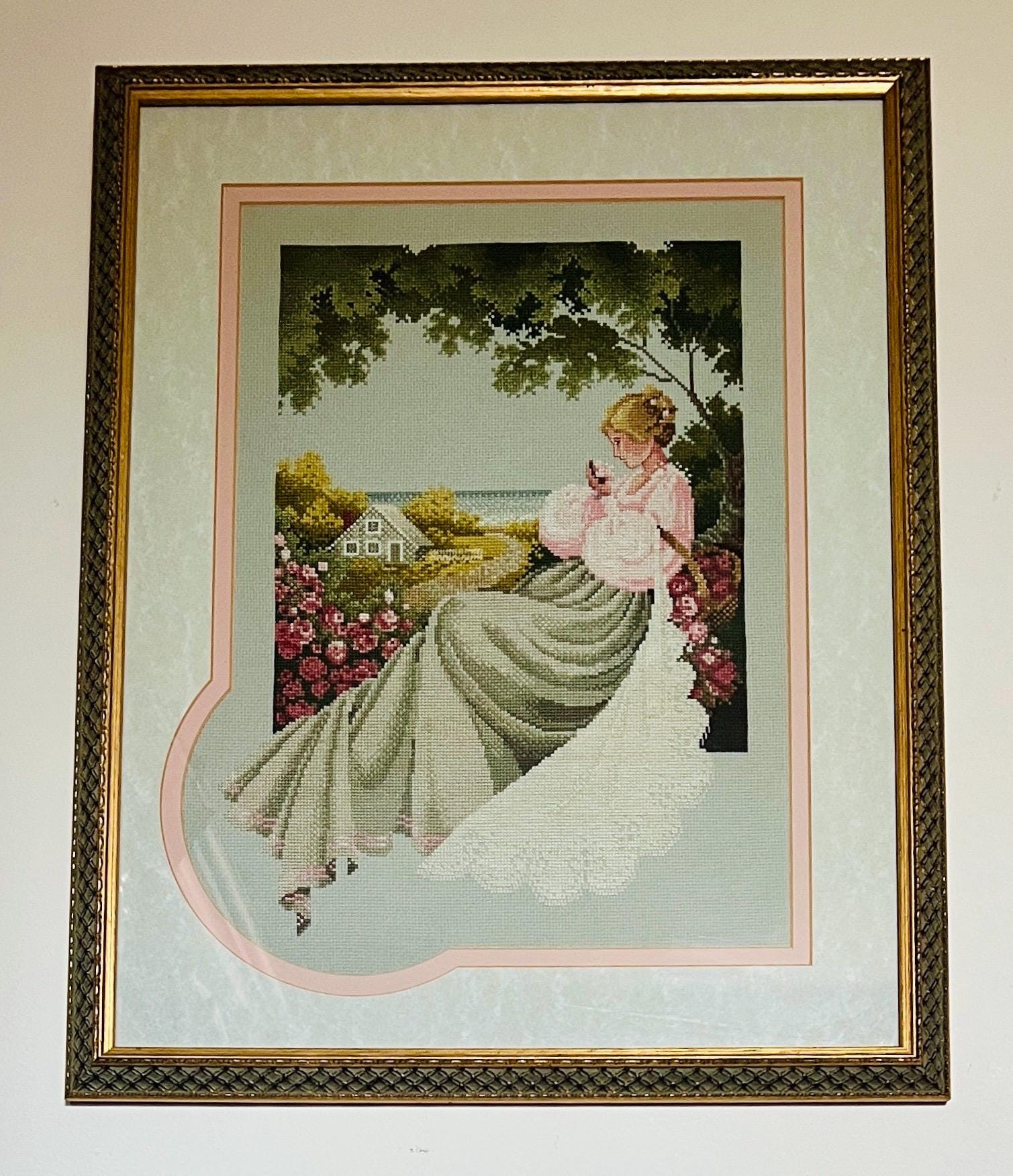 Framed Vintage Cross Stitch Embroidery • Nantucket Rose Needlework
