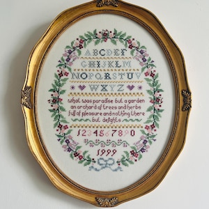 Cross Stitch Embroidery Sampler Petite Stitch - Alphabet & Verse with Floral Border - Lovely Gift/ Country Kitchen/ Cottagecore