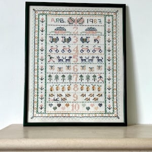 Beautiful! Vintage Sampler Cross Stitch Embroidery Art - Silkwork on Linen - Lovely Gift/ Country Kitchen/ Cottagecore