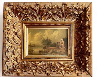 19th Century Dutch Landscape Oil Painting on Panel – Original Gilt Acanthus Frame – Antique Windmill River Scene – Signed Dutch School