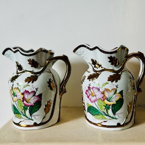 Antique Victorian Mid 19th Century Staffordshire Ironstone China Pitchers/ Jugs Pair - Livesley, Powell & Co. - Vintage Home Decor